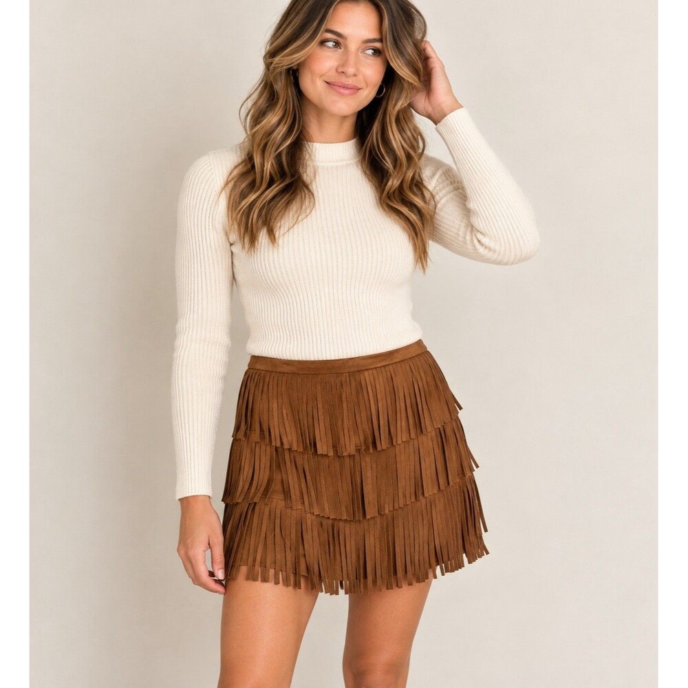 Universal Thread Brown Faux Suede Tiered Fringe Mini Skirt Western Boho NWT